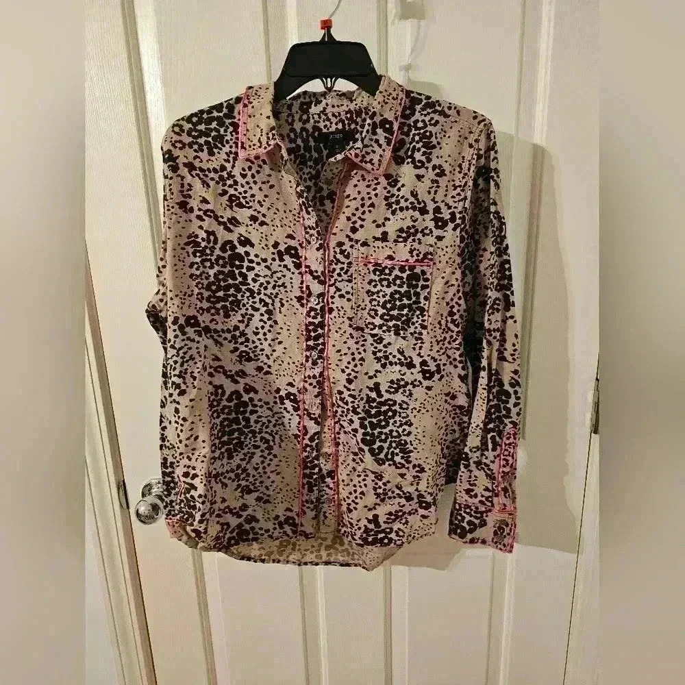 J Crew Leopard Print Linen Button-Up Shirt Linen Cotton Blend Womens Size L